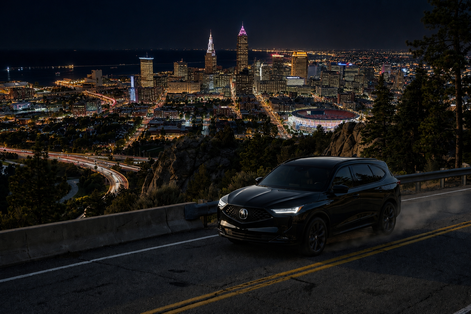 Black luxury SUV at Cleveland airport at night