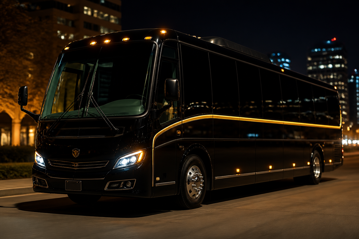 Luxury black party bus with gold accent lighting at night