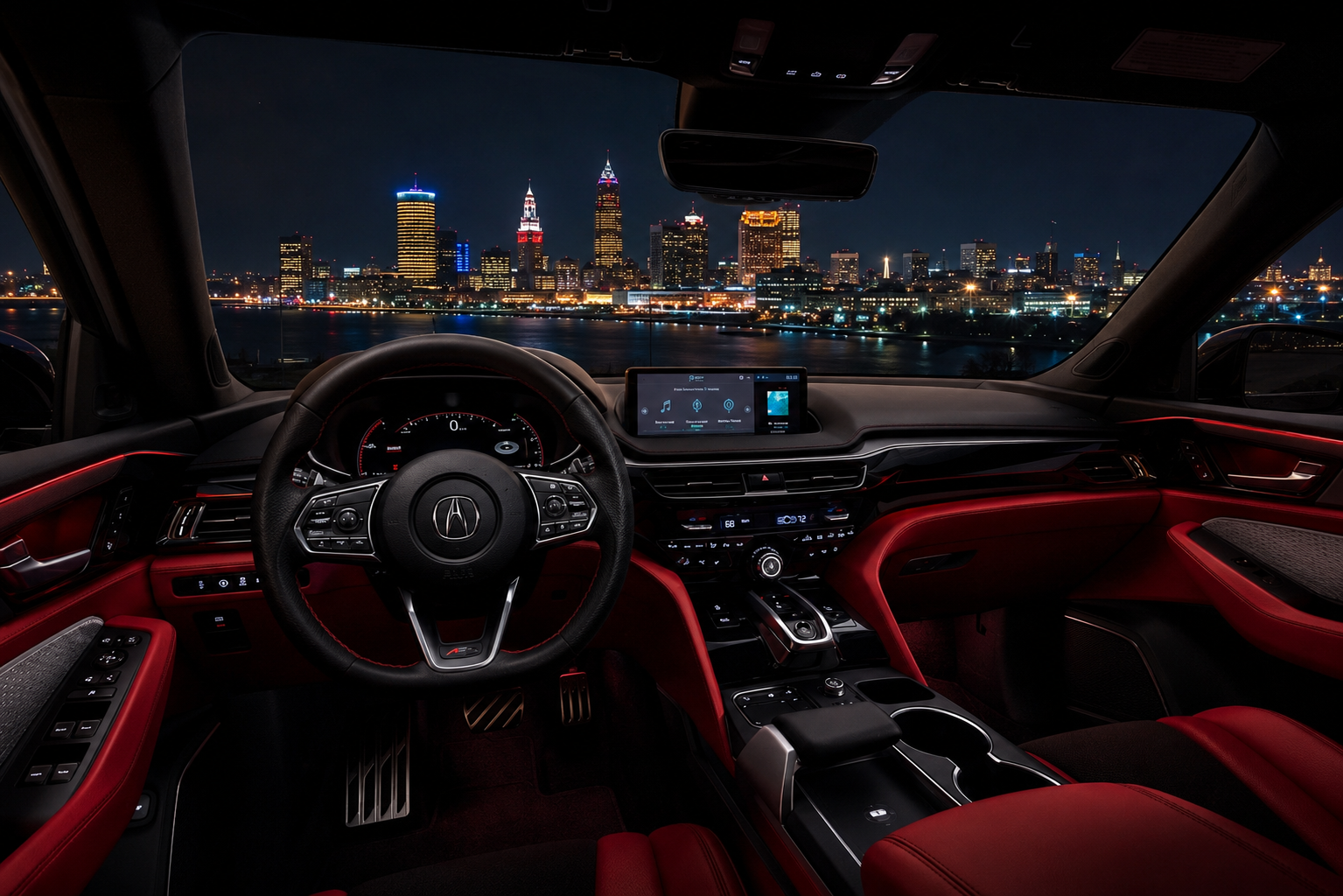 Luxury SUV interior overlooking Cleveland skyline at night